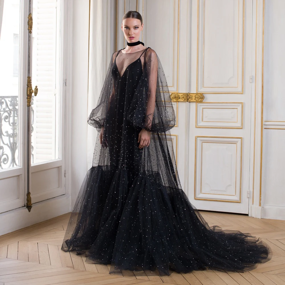 Элегантные черные блестящие тюлевые длинные платья макси прозрачные с пышными