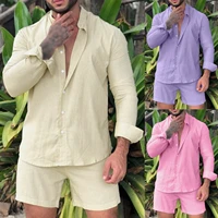 summer brand men sets fashion linen cotton long sleeve button shirts beach casual shorts sports suit daily tops male outfits