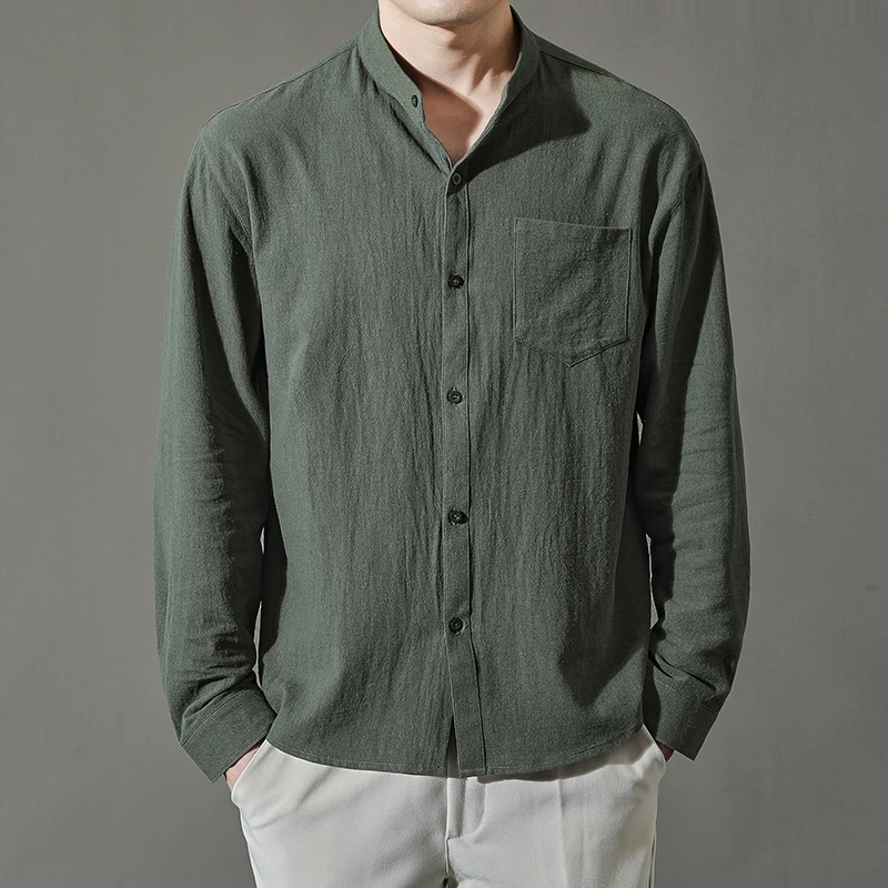 

Men's Cotton Linen Shirt Simple Solid Color Literary Harajuku Style Casual Trend Stand-up Collar Long-sleeved Top