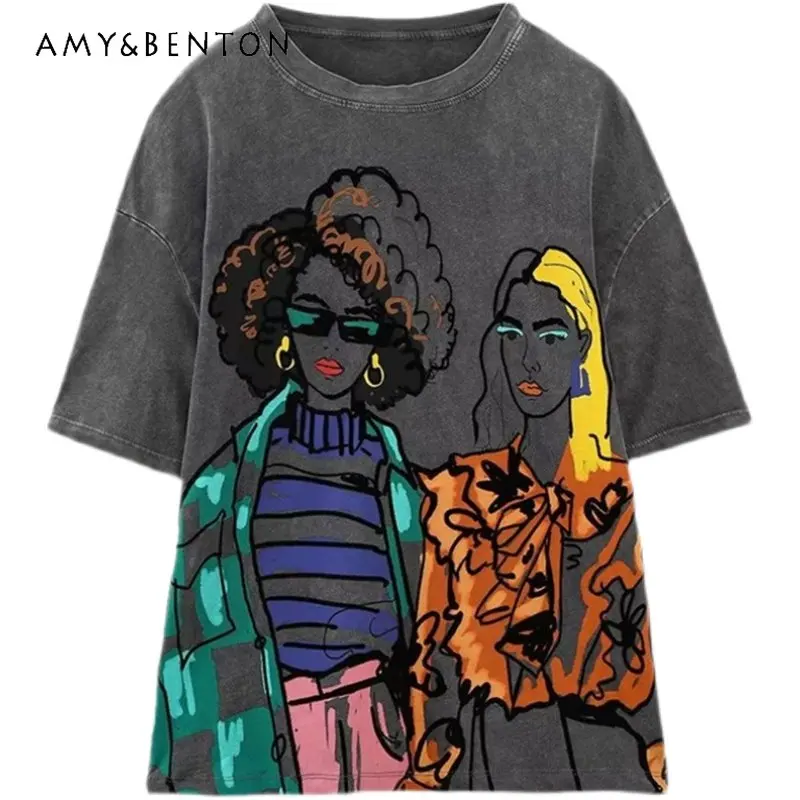 

Summer New European and American Style Street Wear Top Women's Loose All-Matching round Neck Short Sleeve Printed T-shirt