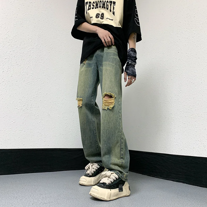 Summer Ripped Baggy Jeans Men Fashion Retro Hole Straight Jeans Men Japanese Streetwear Hip-hop Loose Denim Pants Mens Trousers