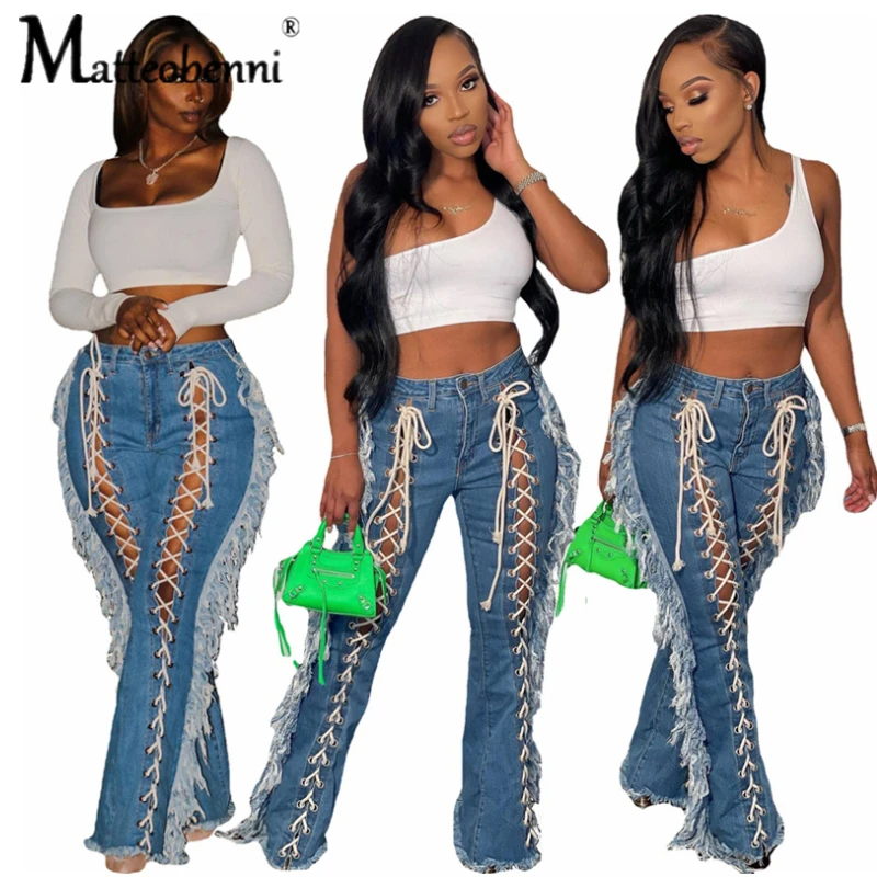 Summer 2022 Sexy Women's Cross Bandage Denim Trousers Hollow Eyelet Threading Streetwear Long Denim Trousers Women's