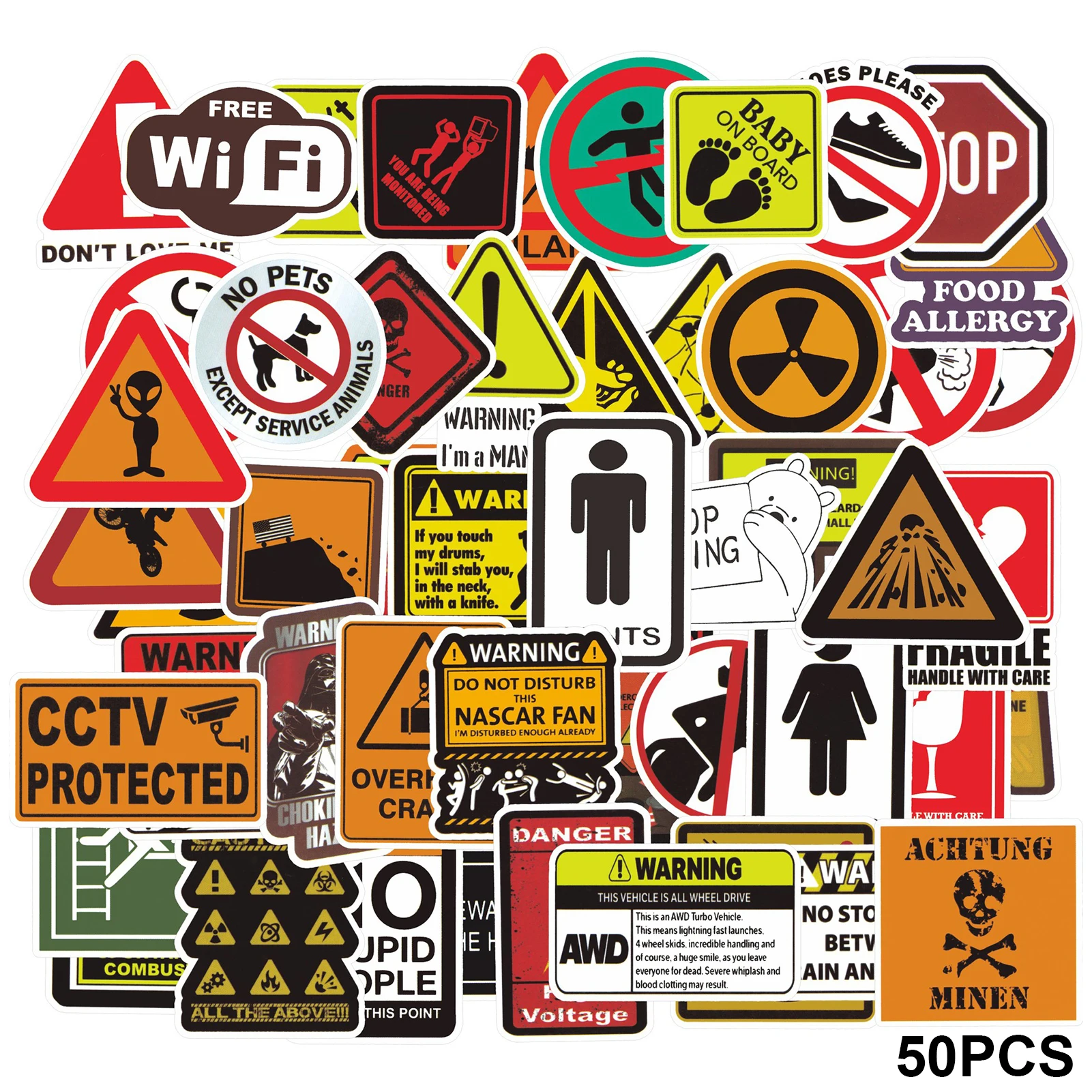 

50pcs Waterproof Warning Sticker Reminder Toy Decal Cool Decoration For Laptop Fridge Guitar Danger Banning Signs Funny Luggage
