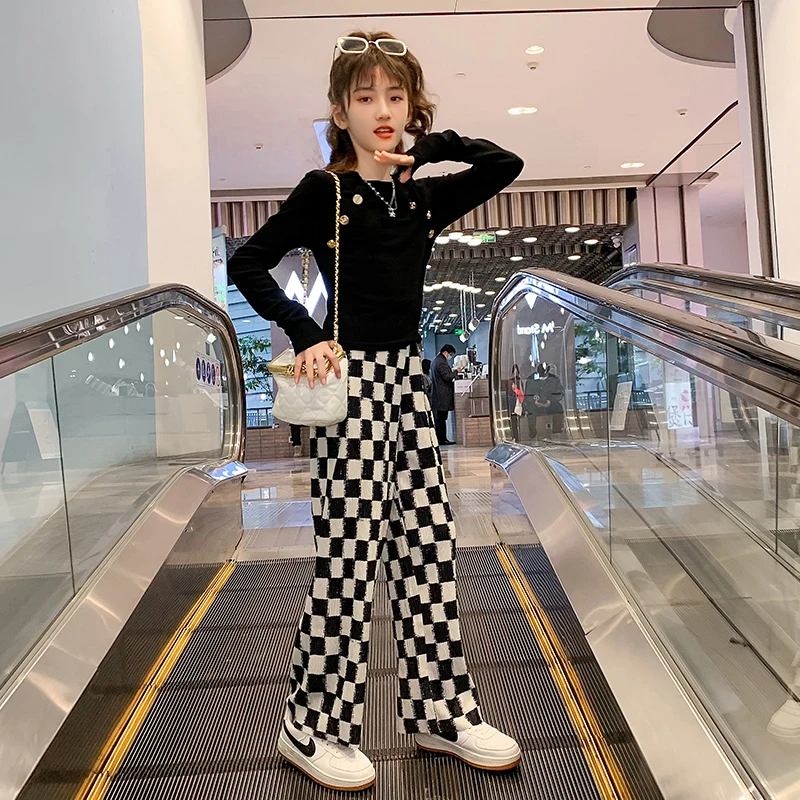 

Весенний костюм для девочек, новинка, черно-белая шахматная Одежда для девочек на весну и осень, детский осенний костюм из двух предметов