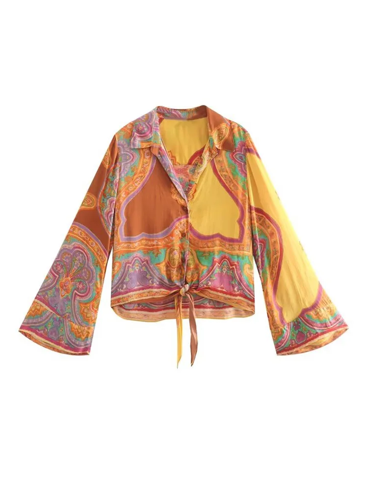 

Женский Атласный топ с расклешенным рукавом и бантом