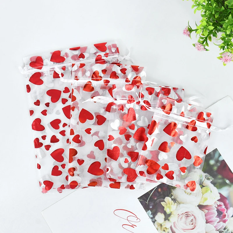 

20pcs Love Heart Organza Candy Bags Valentines Day Gift Bag Cookies Snack Packaging Bags Wedding Birthday Party Favors Supplies