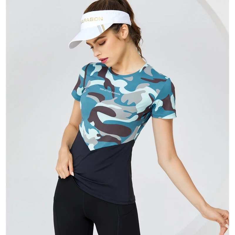 Women Running T Shirts Camouflage Stitching Short Sleeves Outdoor Sport Shirt Gym Fitness Training Slim Tees Yoga Jogging Tops