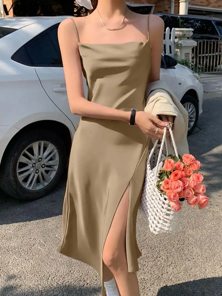 

VONDA Evening Party Dress Women Sexy Sleeveless High Slit Swing Collar Satin Dress Irregular Hem Spaghetti Straps Beach Vestidos