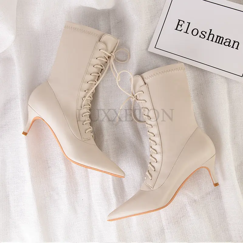 Luxury Brand Women's Boots Fashion Lace-up Pointed Thin Heels Boots Female Elastic Boots Plus Size 43 Ankle Boots Women