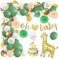 JOYMEMO Sage Green Balloon Garland Arch Kit Baby Shower Decoration Giraffe Foil Balloon Oh Baby Banner Birthday Party Supplies
