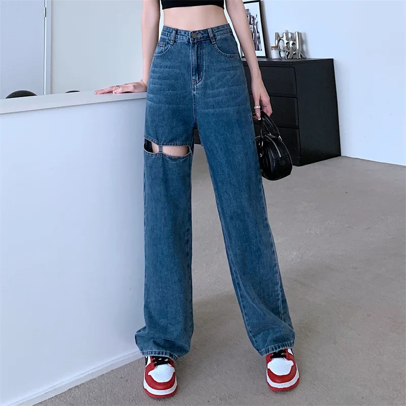 Dark Blue vintage cargo Jeans Women's 2023 Spring y2k Streetwear Loose high waisted jeans Straight Wide Leg cargo Jeans Women's