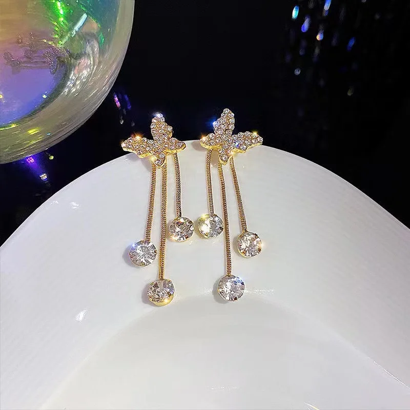 Diamond Studded Butterfly Tassel Earrings In Gold Women's Earrings with INS Style Charm Kpop Girl Friendship Gift Party