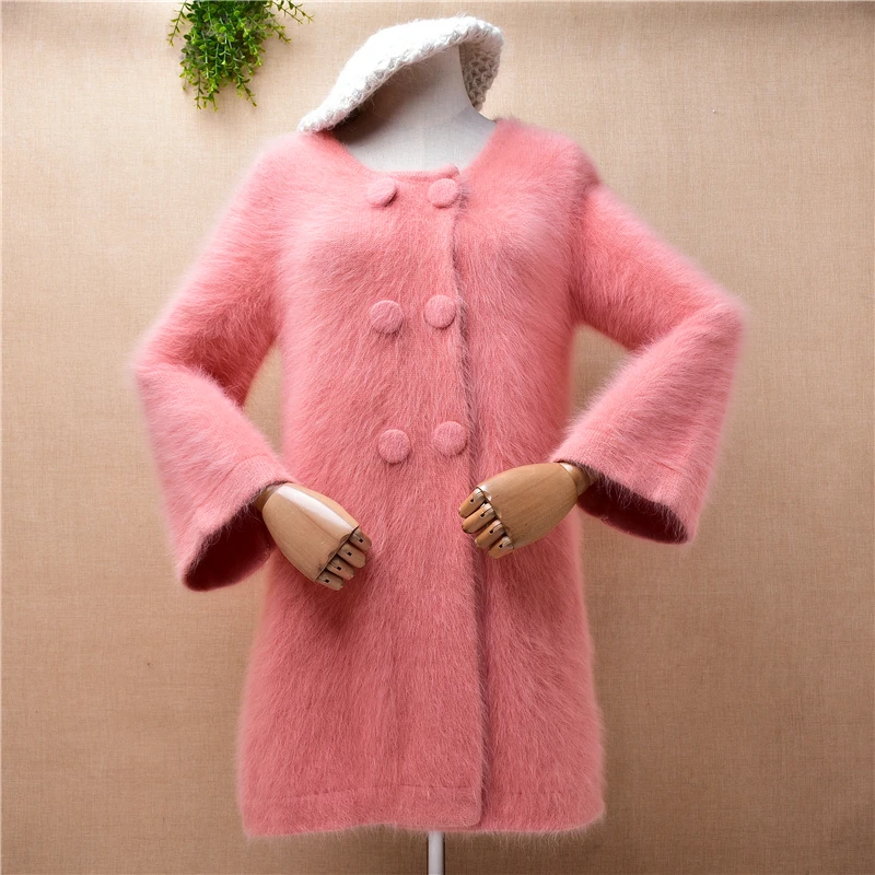 

female women cute pink fall winter clothing hairy mink cashmere knitted three quarter sleeves loose cardigan coat sweater jacket