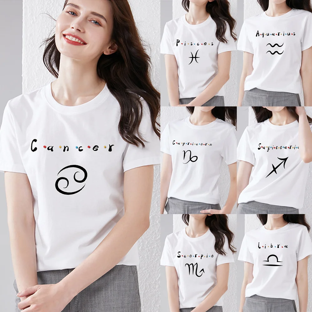 

Футболка женская с круглым вырезом, повседневный облегающий топ с принтом из серии 12 созвездий, мягкая удобная рубашка с коротким рукавом