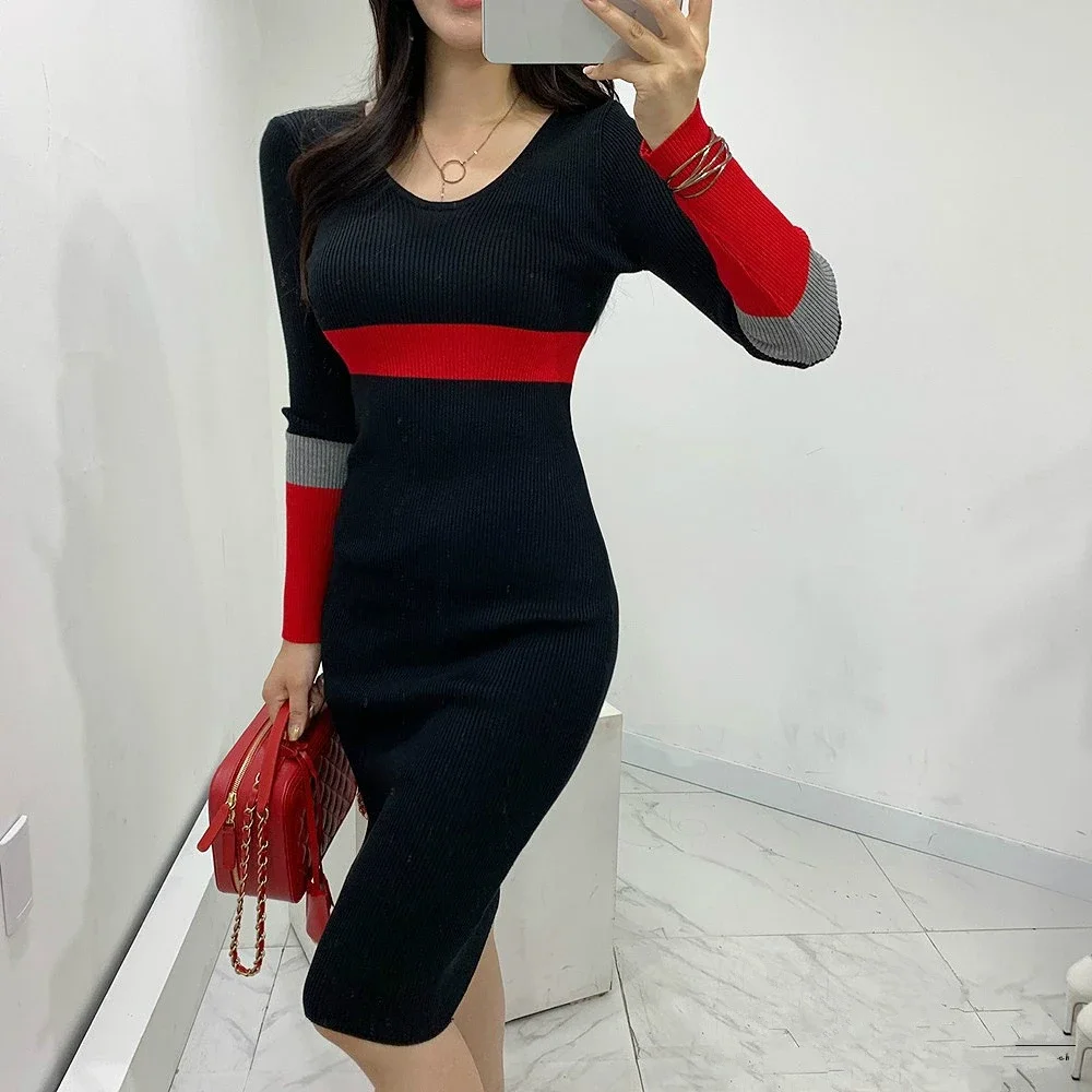 

Autumn Women Long Knitted Dresses Slim Black Sexy V-neck Stretch Long-sleeved Elegant Winter Knitting Sweater Pencil Dress XXL