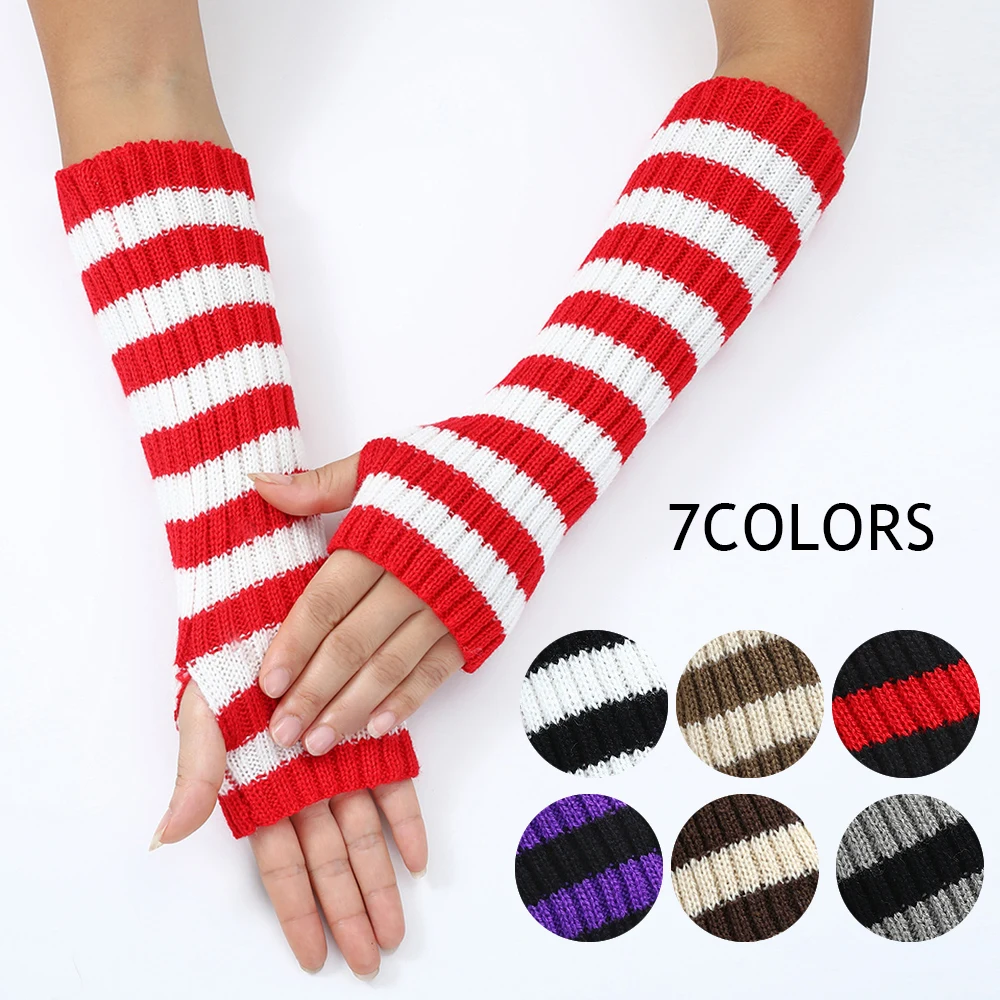 

Women Knitted Striped Arm Sleeve Covers Long Fingerless Gloves Arm Warmers Arm Sleeves Elbow Mittens Lolita Winter Gothic