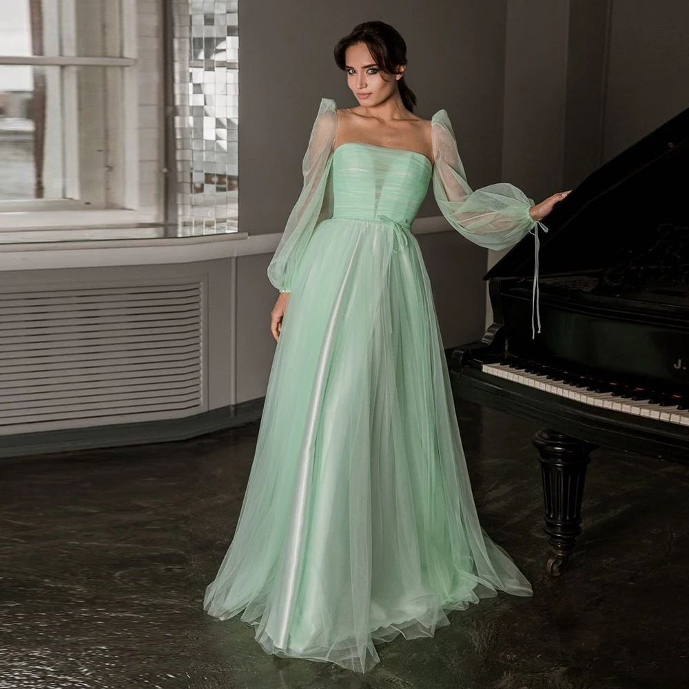 

Simple Evening Formal Dress Women’s Light Green Tulle Long Sleeve Floor Length Elegant Graduation Party Prom Dresses 2022