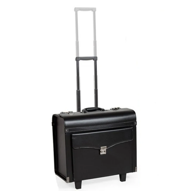 LeTrend Black PU Leather Rolling Luggage Suitcase Wheels 18 Inch Carry On Trolley Pilot Travel Bags Luggage Travel Suitcase
