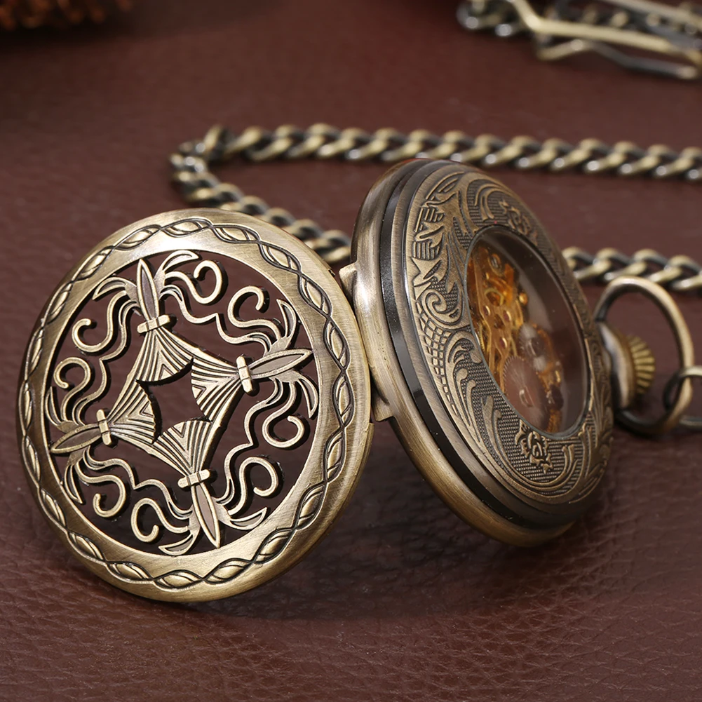 Vintage Bronze Hollow Chinese Knot  Hand Winding Mechanical Pocket Watch Arabic Numerals Dial Luxury Manual Timepiece Fob Chain