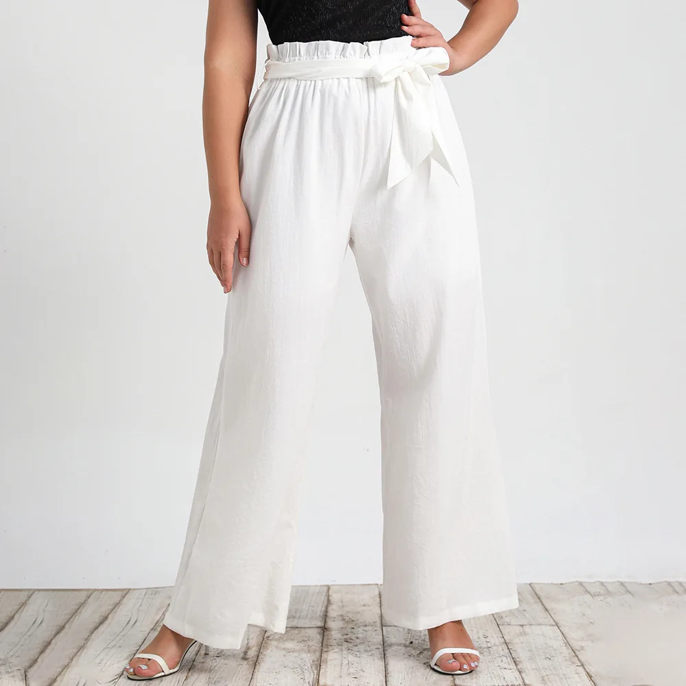 

Plus Size Women's Casual Pants White Loose Comfortable Lace-up Wide-leg Large Size Pants Commuter Office Lady Summer 2022 New
