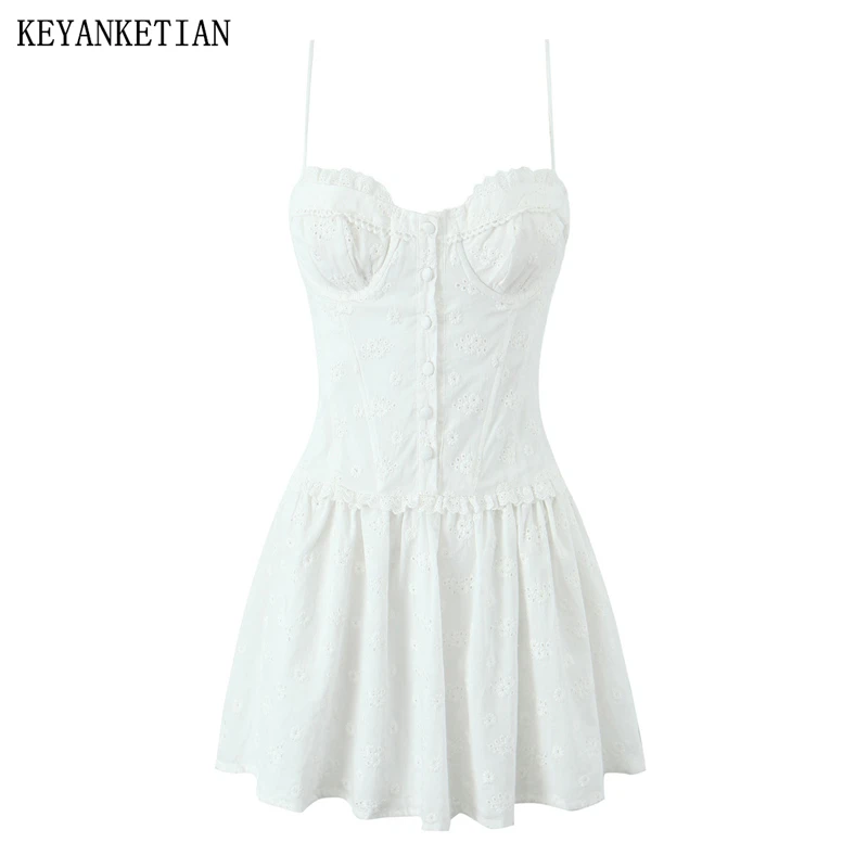 KEYANKETIAN 2025 новое женское платье-комбинация с вышивкой летние каникулы украшение