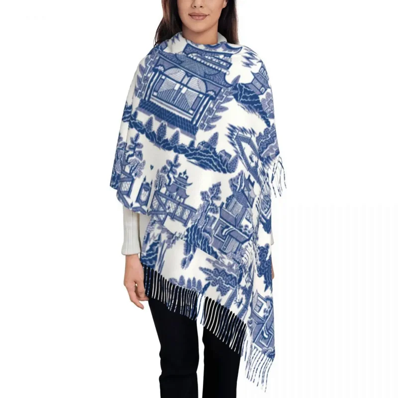 

Blue Willow Ancient Ming Porcelain Scarf Women Luxury Winter Wrap Shawl Chinoiserie Pattern Tassel Wraps