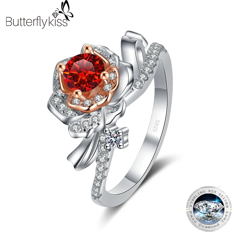

Кольца Butterflykiss 925 карат с мусанитом для женщин, круглое кольцо с бриллиантами и розой, обручальное рождественское ювелирное изделие из стерлингового серебра пробы, свадебные украшения