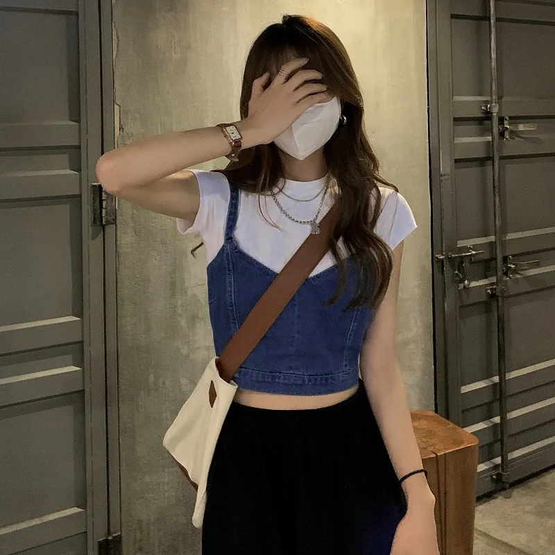 Модный женский джинсовый укороченный топ с высокой талией утягивающий жилет