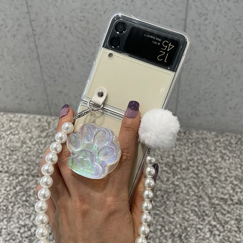 

For Samsung Galaxy ZFlip3 Cover Laser Cat Paw Phone Holder Transparent Cases with Pearl Lanyard for Z Flip 3 Samsung F7110 Case