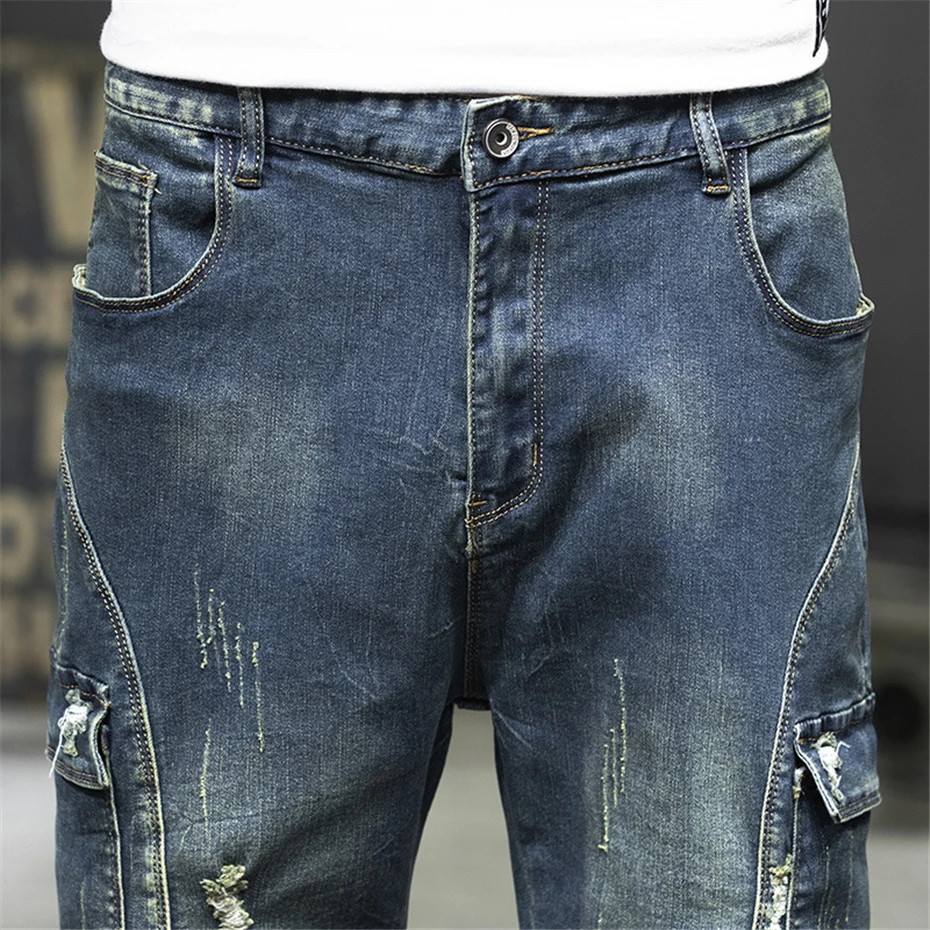 Vintage Streetwear Jeans Men Summer Denim Pants Calf-length Jeans Male Fashion Short Pants Plus Size 40 44 Baggy Bottoms
