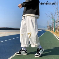 landuxiu 2022 spring autumn retro overalls mens loose straight casual tide brand ins high street wide leg nine point pants
