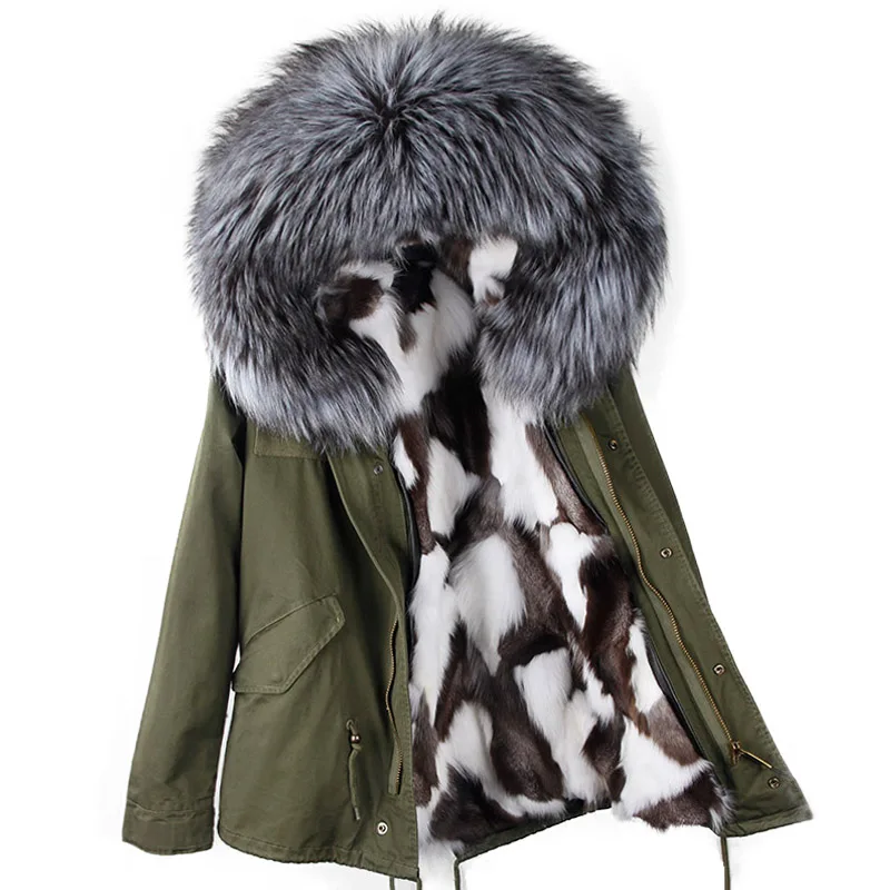 maomaokong women's clothing Natural fox fur lining winter jacket army green parka large real raccoon fur collar fur coat hooded