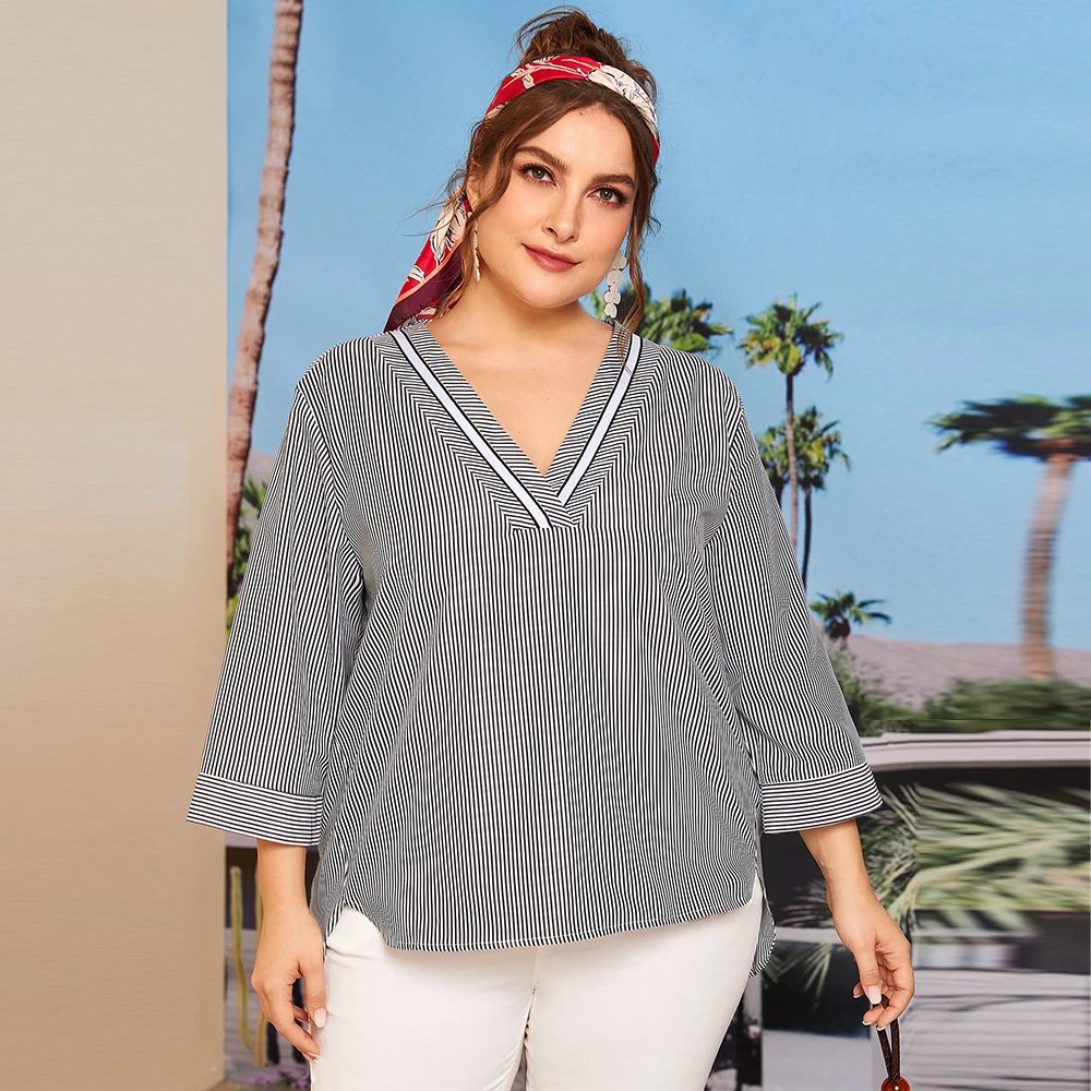 

2022 Fashion Summer Women Striped Blouse Shirt Plus Size Female V Neck Long Sleeve Irregular Loose Oversized Tops