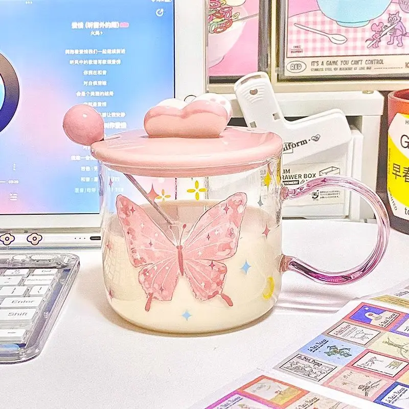 

Girl Heart Glass Cup with Lid Spoon Girl High Beauty Cute Cup Home Office Water Cup Heat and High Temperature Resistance