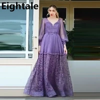 eightale purple long puff sleeve v neck dubai evening dresses long luxury 2022 arabic prom dress lace tulle formal party gown