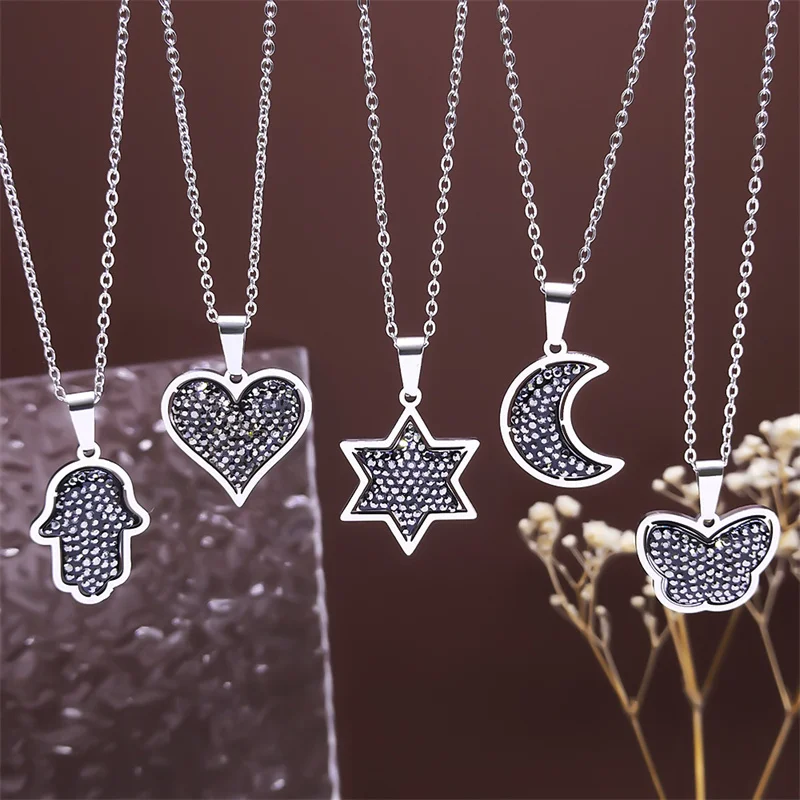 

Heart Moon Star Butterfly Hamsa Hand Hexagram Crystal Necklace Women Stainless Steel Rhinestone Punk Necklaces Jewelry N6539S08