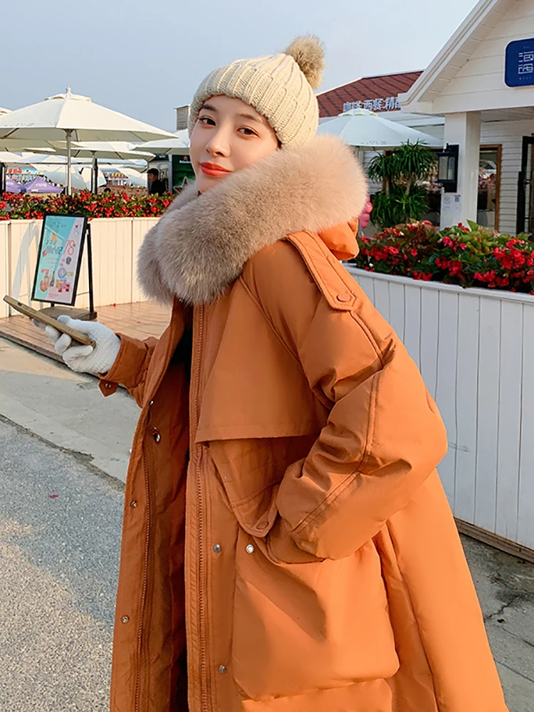 AOSSVIAO Winter Women Long Jacket Large Natural Fur Collar Hooded Parkas 90% White Duck Down Coat Thickness Snow Warm Outwear