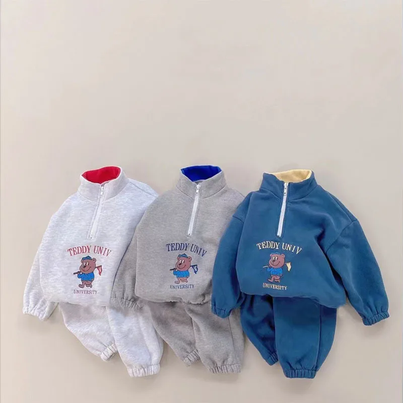 

Autumn Ins Boy Girl Baby Cartoon Bear Sweatshirt Set Children Letter Print Casual Tops + Solid Pants 2pcs Kid Cotton Tees Suit