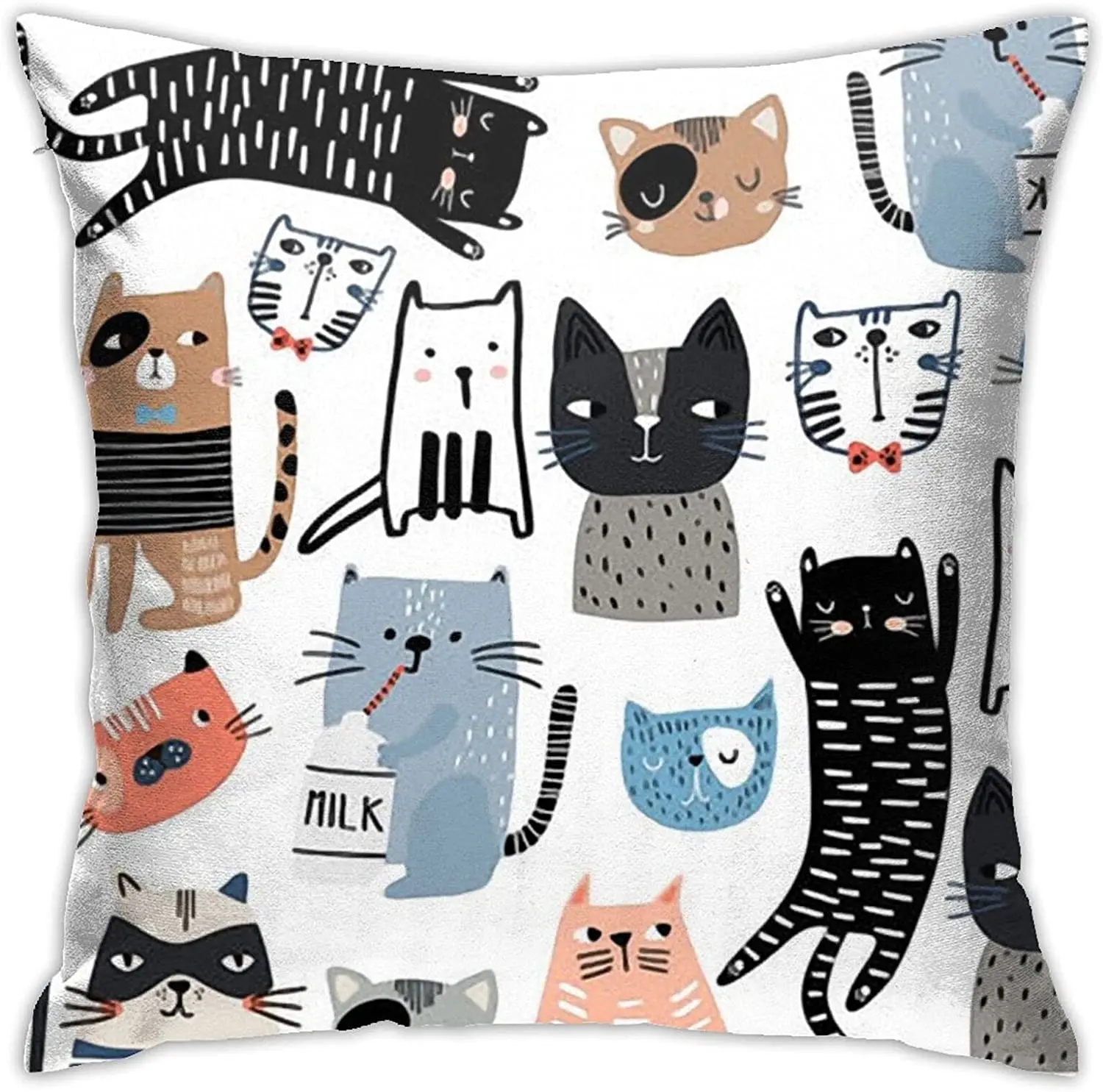 

Funny Cats and Milk Bottle Square Zippered Cushion Throw Case Pillow Case Cover 18X18 Inch