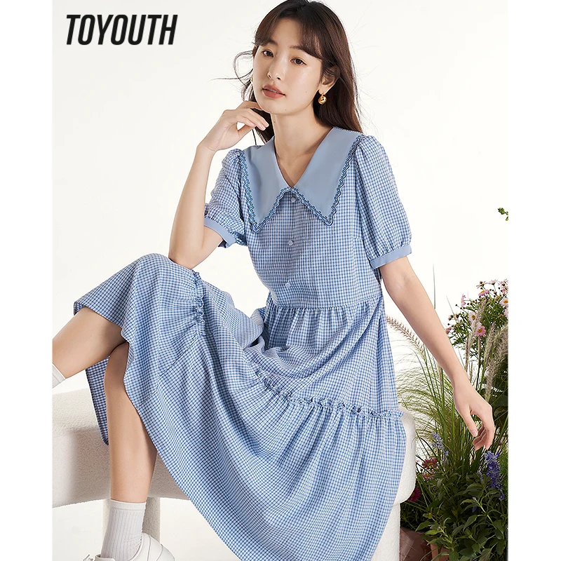 

Toyouth Women Dress 2023 Summer Short Sleeve Large Lapel A-shape Light Blue Checker Embroidery Lace Elegant Mid-length Skirt