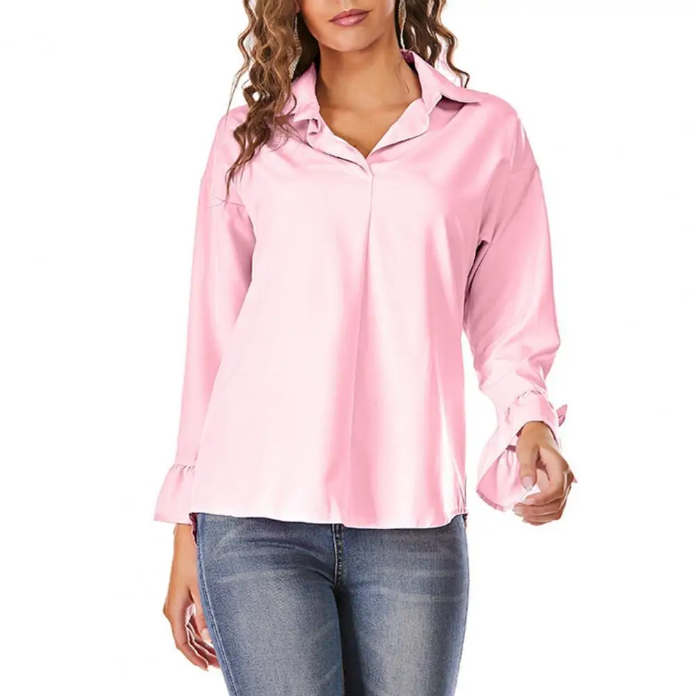 

Lapel Lady Shirt Breathable Plus Size Flare Sleeve Women Blouse for Office