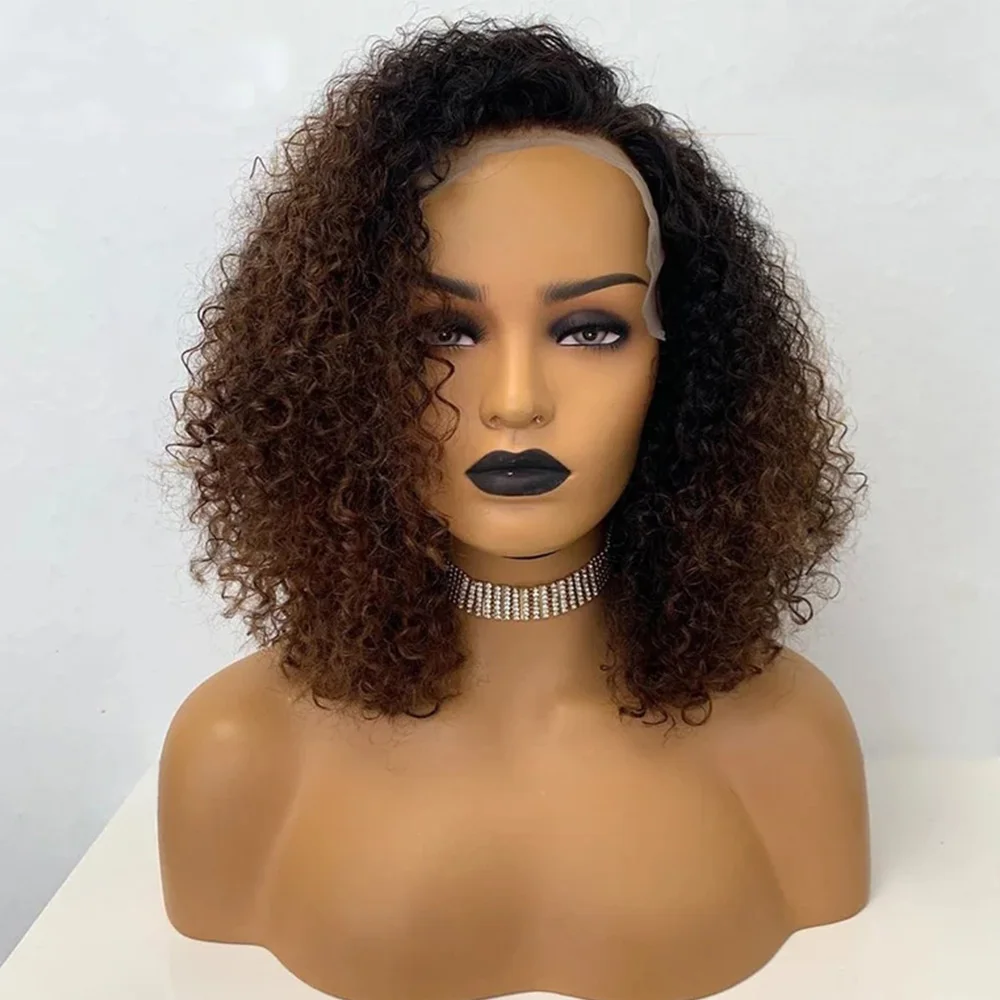 

Colored Brown Kinky Curly Wig With Dark Roots 180 Density Peruvian Remy 13x4 Lace Front Wigs Pre Plucked Women 4x4 Closure Wig