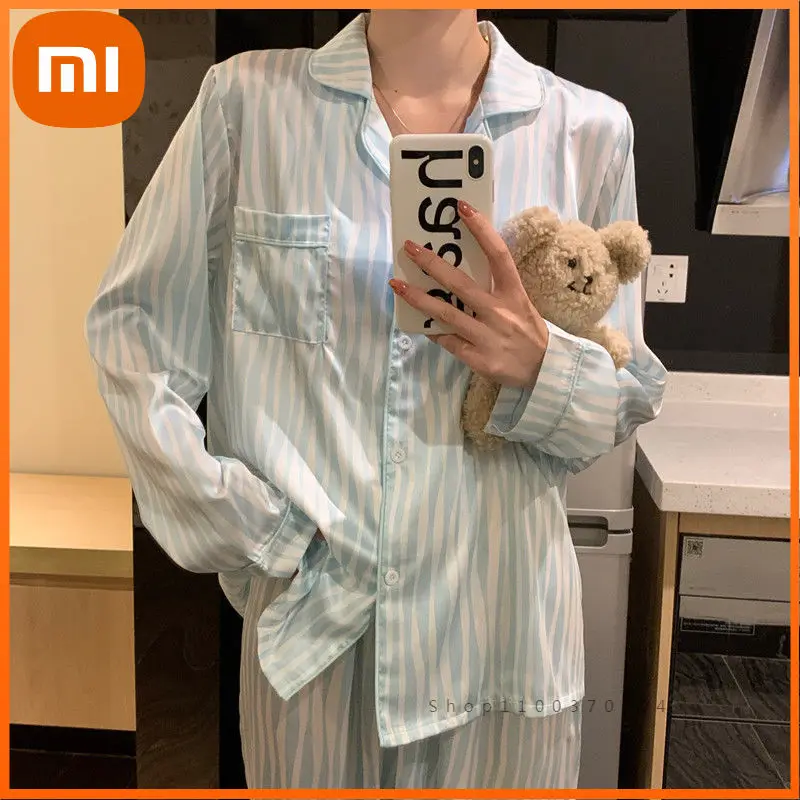 

Полосатая женская пижама Xiaomi, весенняя одежда для сна, шелковая пижама из вискозы, пижама с длинным рукавом, Женский комплект, домашняя одеж...