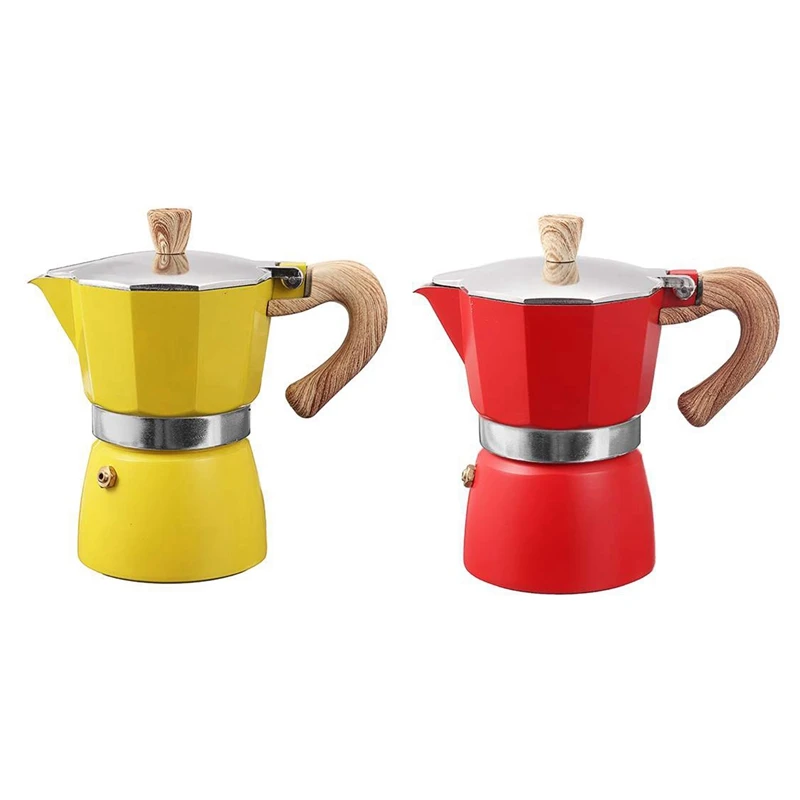 

2Pcs Aluminum Italian Moka Espresso Coffee Machine Filter Stove Pot 3 Cups - Yellow & Red