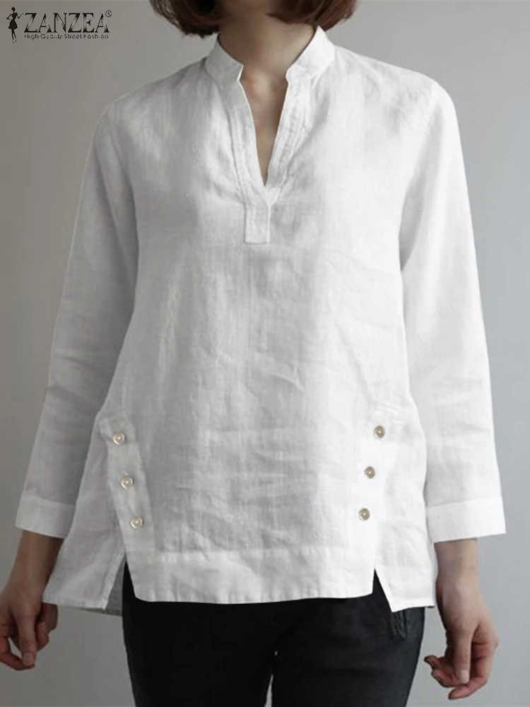 

ZANZEA Summer Elegant Solid Blouse Women Vintage Cotton Tops Tunic Casual Loose V Neck Long Sleeve Shirt Female Work Blusas 2023