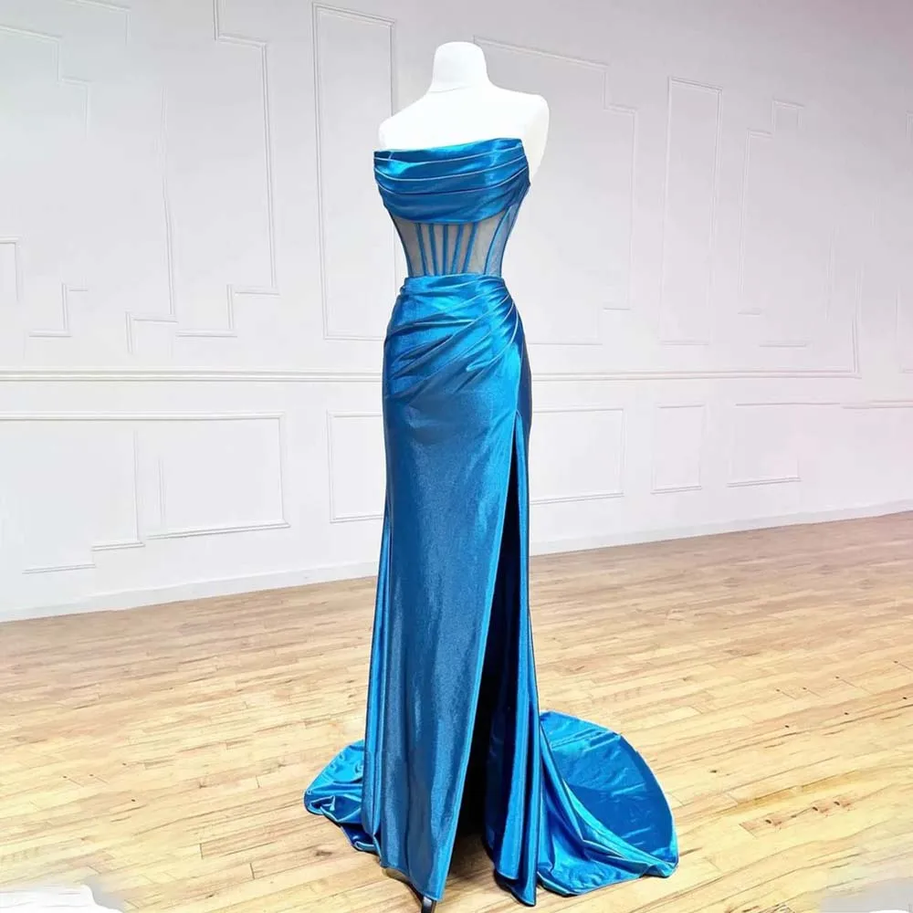 

Ice Blue Pleat Strapless Sheath/Mermaid Prom Dresses Side Slit Custom Made 2024 Vestido De Noival