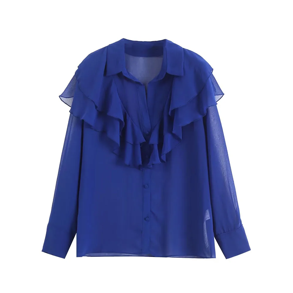 

BER & OYS & ZA2023 новая весенняя женская модная шикарная универсальная ламинированная декоративная Полупрозрачная рубашка с лацканами