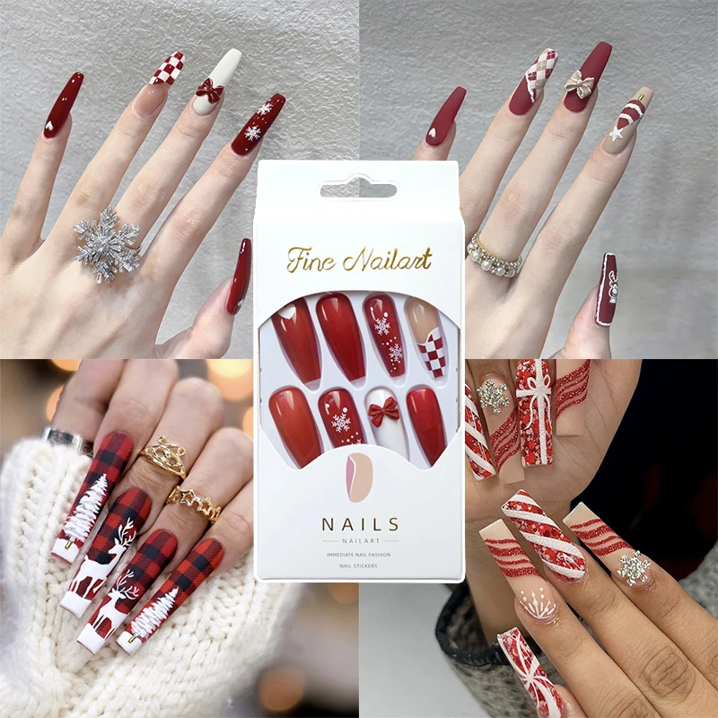 

2022New Christmas False Nail Artificial Nail Decor Press On Nails Nail Decor Manicure Long Square Full Cover 24PCS Fashion