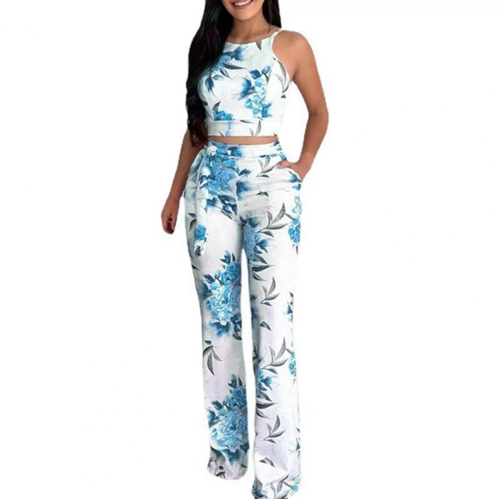 

Milk Silk 1 Set Excellent Women Floral Print Vest Wide-leg Pants Suit Set Eye-catching Women Top Easy-wearing Birthday Gift