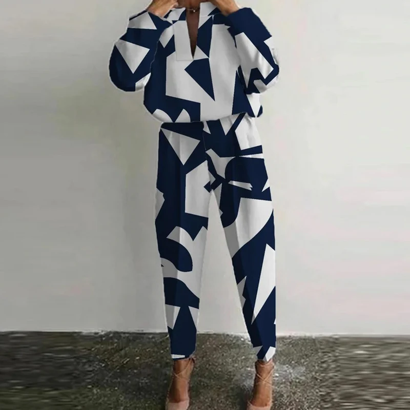 

Женский комплект из двух предметов, повседневный Топ с длинным рукавом и широкие брюки с геометрическим принтом и V-образным вырезом, осень